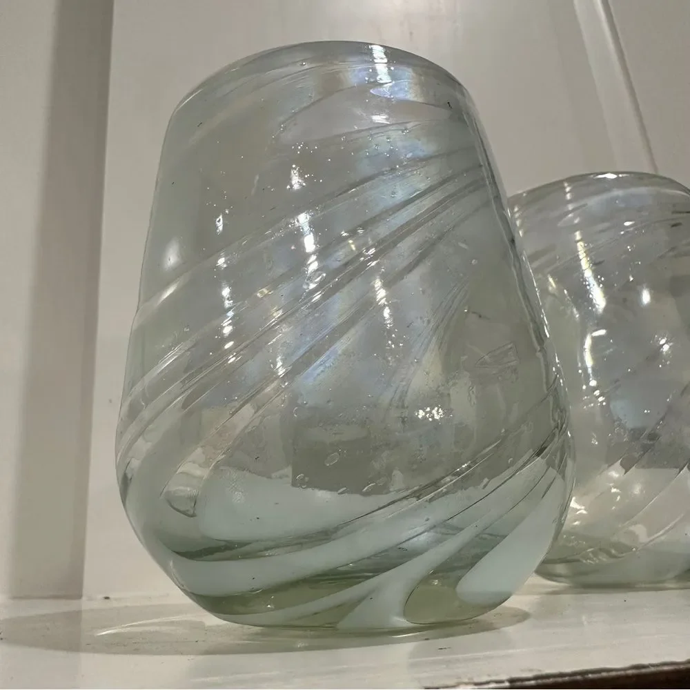 (2) Hand blown glass tumblers Tumbler Set - Clear with white glitter flecks